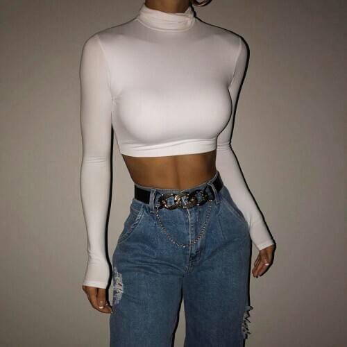 Turtleneck Long SLeeve White Sexy Crop Tops Casual Fashion T Shirts Black Women Autumn Winter Tees Brown Basic