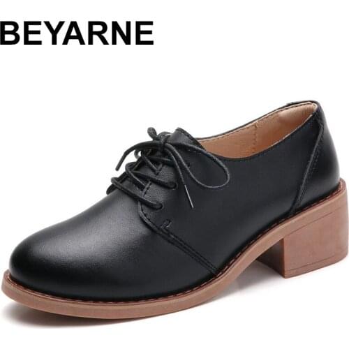 BEYARNEWomens Shoes Casual Leather Shoes 2021 Spring New Genuine Leather Womens Thick-heeled Single Shoes Fashion Lace up Flat
