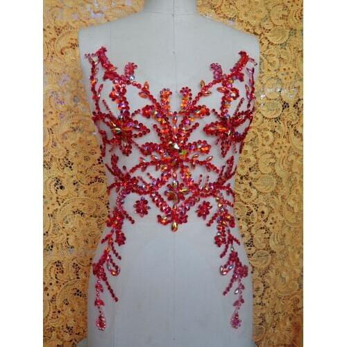 ZBROH Pure hand made dazzling red sew on Rhinestones applique crystals patches 49*31cm dress accessory