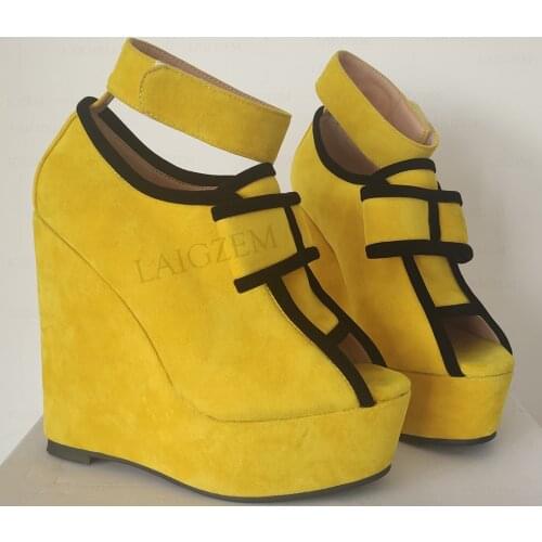 BERZIMER Women Pumps Platform Wedges Peep Toe Patchwork Sandals Party Club Height Increase LadIES Shoes Woman Plus Size 40 46 52