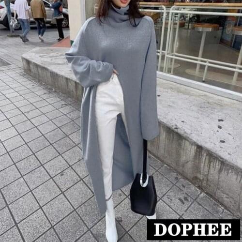 Womens Turtleneck Pullover Sweater Long Sleeve Vintage Loose Knit Sweater Solid Split Long Jumper Ladies Korean Style Knitwear