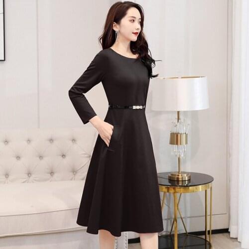 2020 new arrive spring women dress long sleeve O-neck casual dresses office laday solid mid Dress