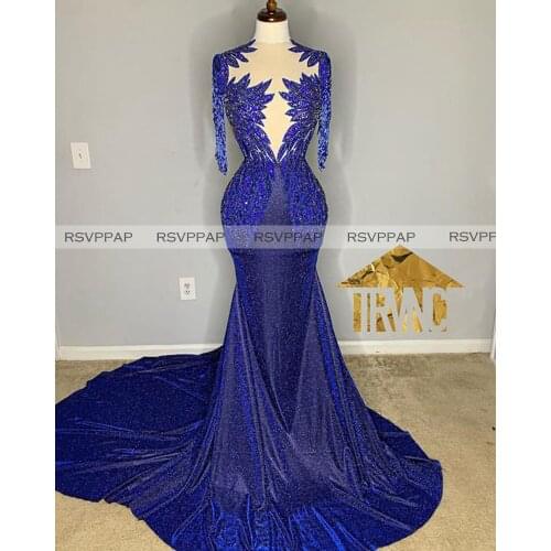 Royal Blue Mermaid Prom Dresses 2021 Real Picture Sparkly Heavy Beaded Handwork See Through Top Custom Made Long Prom Gowns