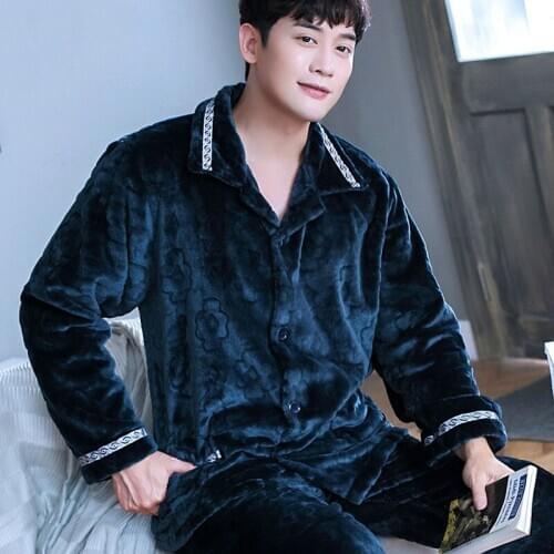 H5908 Winter Pajamas Men Thickened Flannel Autumn Nightwear Male Long Sleeve Large Casual Loose Coral Velvet Home Clothes Suit