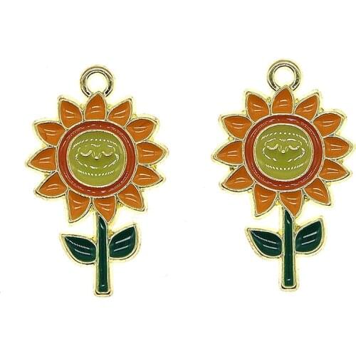 10pcs/lot 15*25mm Cute Plant Flowers Enamel Sunflower Charms For Earrings Bracelet DIY Jewelry Making Findings XL1112