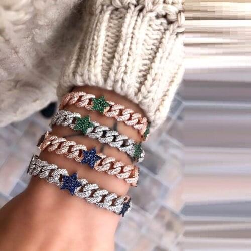 2021 New Rainbow Colorful White Red Blue Green Heart CZ 10mm Cuban Chain Iced Out Bling 2 Row Fashion Women Bracelet