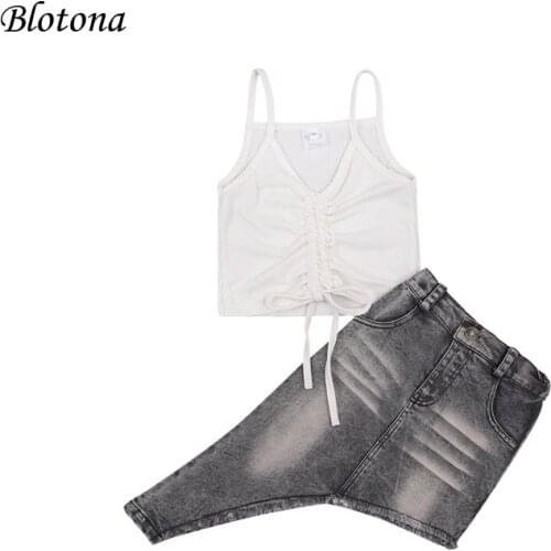 Blotona Stylish Girls Clothing Set Sleeveless Drawstring Pleated Sling Tops and Skirt 2Pcs Suit for Birthday Party Vacation 1-6Y