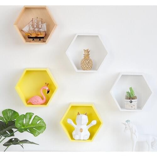 Wooden Hexagonal Wall Shelf Partition Rack Punch-free Wall Hanging Decorative Shelves For Arts Crafts Artwork