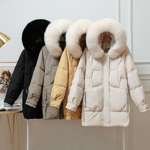 Fitaylor Winter Jacket Women 90% White Duck Down Coat Large Natural Fox Fur Hooded Parkas Short Puffer Jacket Snow Outwear