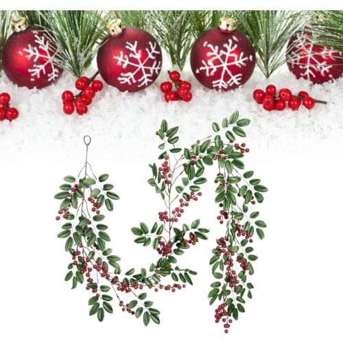 Christmas Artificial Small Berries Red Cherry Rattan Simulation Fake Green Leaves Red Fruit Cane Floral Christmas Tree DIY