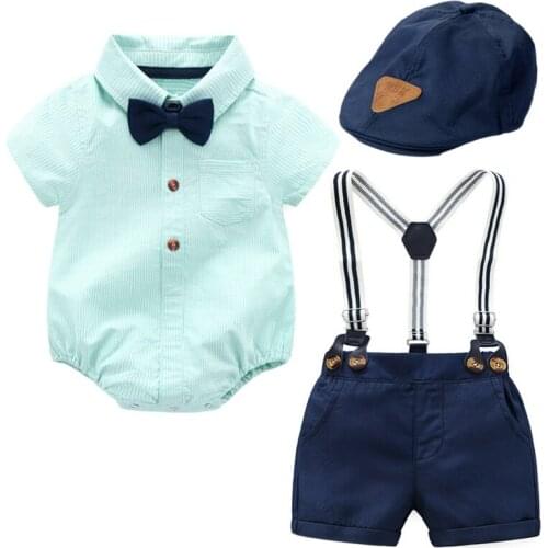 Newborn Boy Baby Summer Clothing Set 3Pcs Cap+Romper+Belt Pants Gentleman Boys Birthday Baptism 0-24 Months Boy Clothes Costumes