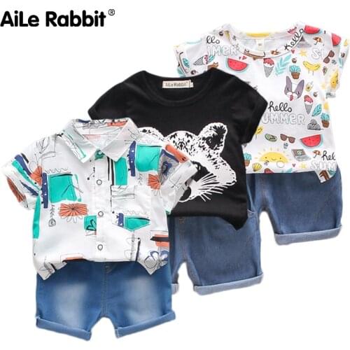 AiLe Rabbit Clothes Suits Children Baby Boys Summer Clothing Sets Cotton Kids Gentleman Outfits Child Short Sleeve Tops T Shirt