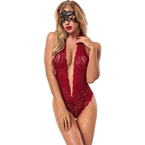 New 3 Colors Sexy Hollow Lingerie Women Transparent Bra Set Lace Deep V Erotic Sexy Underwear Halter Open One Piece Sleepwear