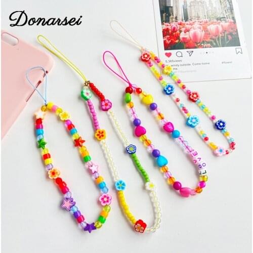 Donarsei 2021 New Fashion Beaded Mobile Phone Chain Holder For Women Anti-lost Lanyard Colorful Clay Love Cellphone Strap Gift