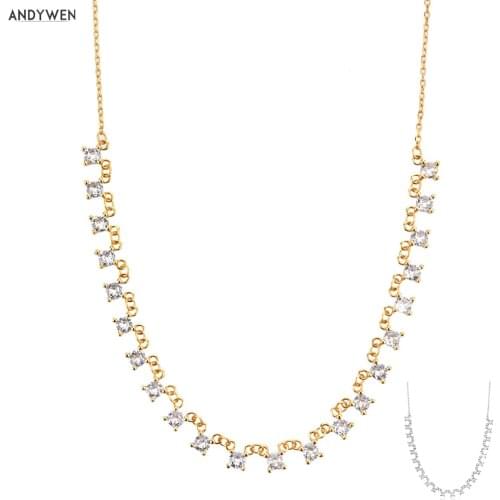 ANDYWEN 925 Sterling Silver Gold Clear Zircon Charms Chain Necklace Long Choker Women Fashion 2020 Party Wedding Jewelry Gift