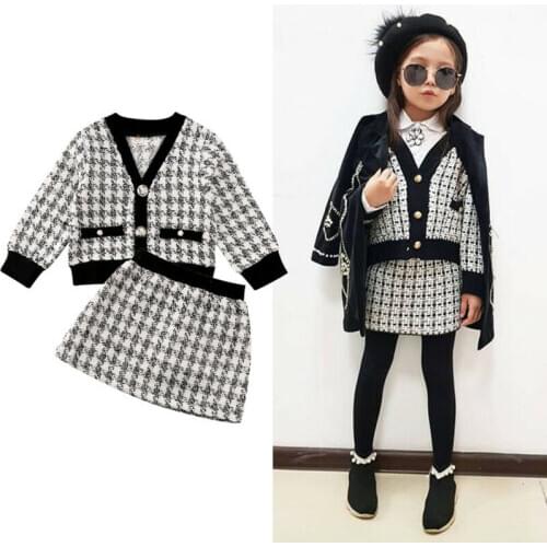 2Pcs Toddler Baby Girls Plaid Coat Tops+Tutu Skirt Formal Outfits Clothes Kids Long Sleeve Single Breasted Coats Skirts Suit