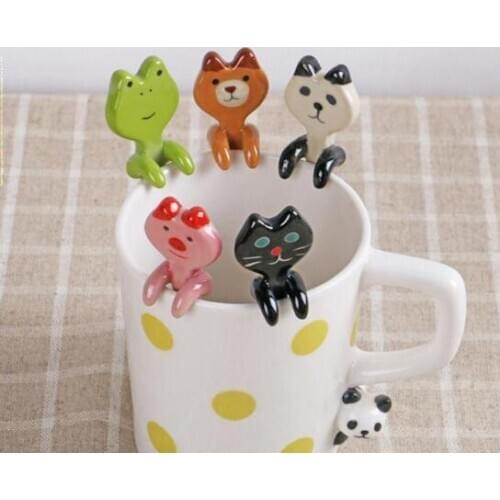 Cartoon Animal Hanging Spoon Ceramic Coffee Tea Sauce Spoon Scoop Stirring Panda Bear Frog Cat Spoon Tableware
