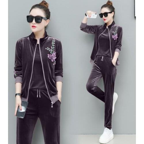 Velvet Purple tracksuits women 3 piece set plus size large 4xl 5xl autumn winter outfits pants suits top coat warm coat clothes