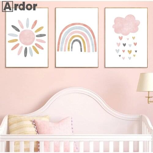 Pink Cloud Painting Nursery Wall Art Canvas Print Sun Rainbow Posters And Prints Nordic Wall Pictures Baby Girls Room Decoration