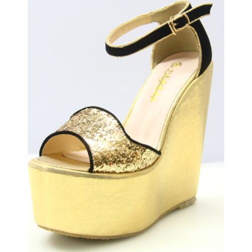 High Heels Platform Sandals Women Summer Shoes Wedge Heel 15cm Women Sandals Peep Toe Glitter Gold Black fWedding Shoes Sandals