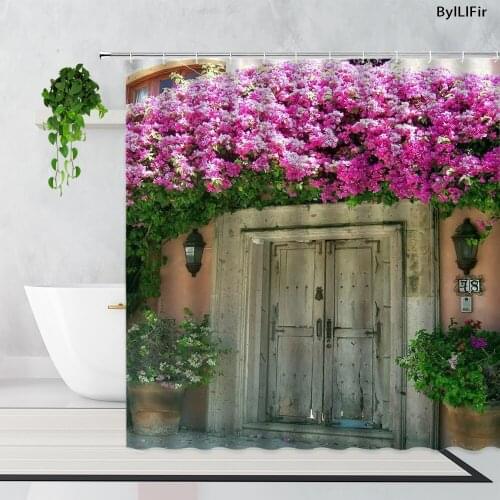 Retro Wooden Door Garden Flower Scenery Shower Curtains Modern European Rural Plants Flowers Art Decor Waterproof Bath Curtain