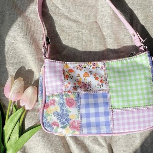 Stitching Floral Underarm Bag for Women Vintage Design Ladies Small Tote Shoulder Bags Female Girls Flower Clutch Purse Handbags