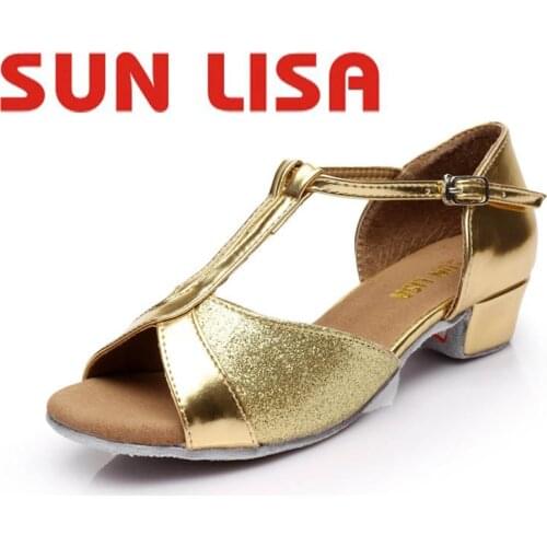 SUN LISA Wholesale Childrens Girls Latin Dance Shoes Kids Womens Professional Dancing Shoes low heel 3.5cm