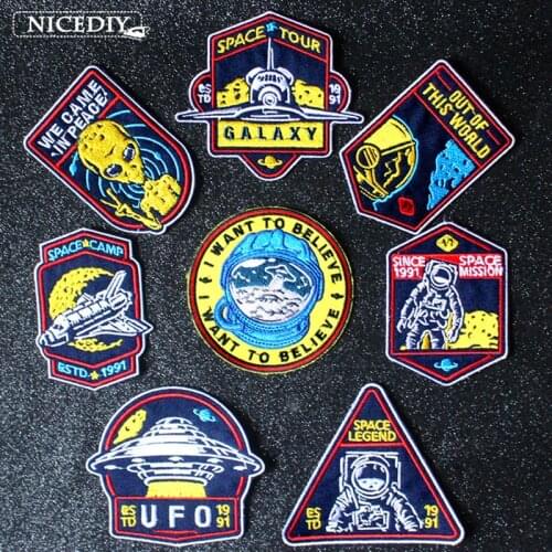 Nicediy UFO Iron on Patches Astronaut Embroidered Patches For Clothing Space Spacecraft Applique On Clothes Washable Decor DIY