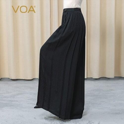 VOA Silk 22m/m Dark Jacquard Mysterious Black Waist Three-dimensional Diamond Decoration Straight Simple Joker Trousers KE338