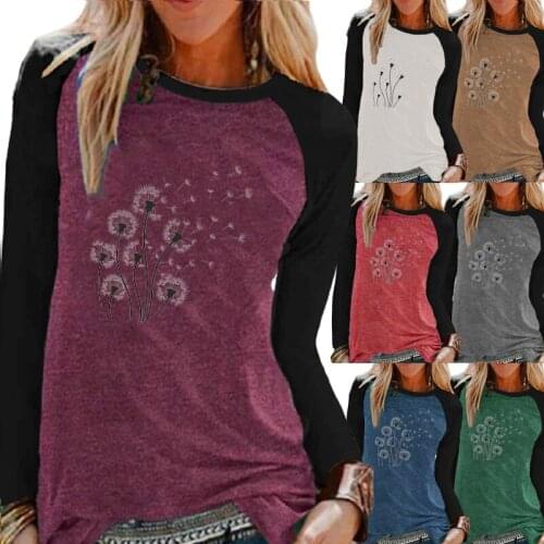 Womens Fashion Casual Round Neck Loose Dandelion Print Long-sleeved Graphic Shirt Raglan Loog Sleeves Plus Size T Shirt XS-5XL