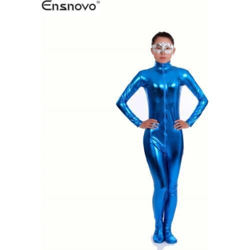 Ensnovo Nylon Shiny Metallic Turtleneck Bodysuit Blue Unitard Women Full Body Custom Skin Suit Cosplay Party Costume