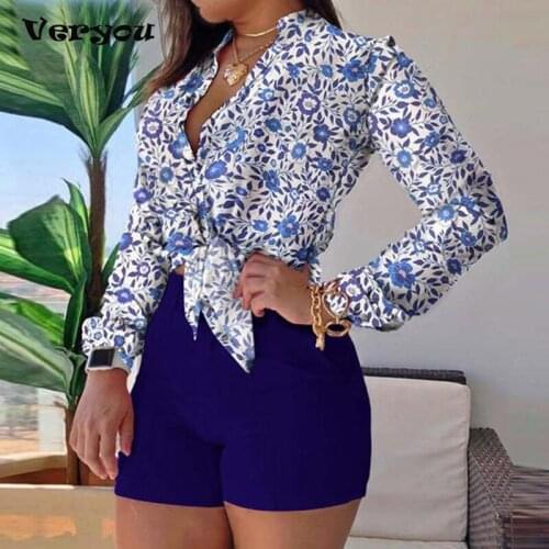 Plants Tropical Print Long Sleeve Tie Front Crop Tops & Shorts Set Women Set Ladies Sexy Shorts Set Wrapped Butt Sexy Hot Pants