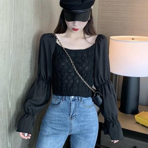 Sweet Slash Neck Crop Top Women Autumn Fashion Solid Flared Long Sleeve Chiffon Blouse Tops Casual Fall Clothing Shirt