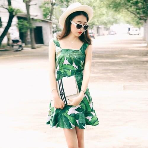 Womens summer Retro Vintage sleeveless High waist fishtail Mini sundress banana leaf printed Spaghetti Strap Short Dresses
