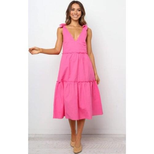 Summer Dress Women Clothing Black A-Line Dresses Patchwork Bow V-Neck Sleeveless Loose Long Dress For Women Vestidos Femme Robe