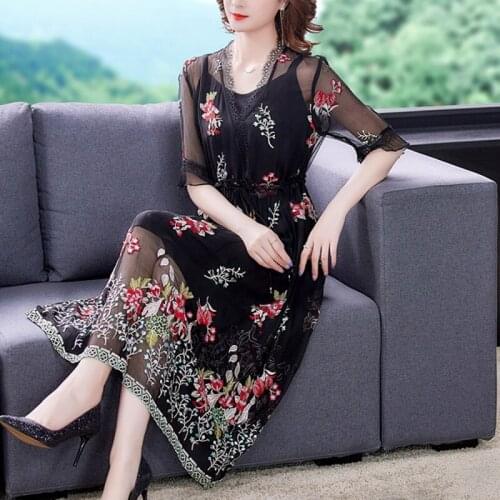 High Quality 2021 summer fashion Women temperament Mesh Embroidery Dress Female Floral Vestidos