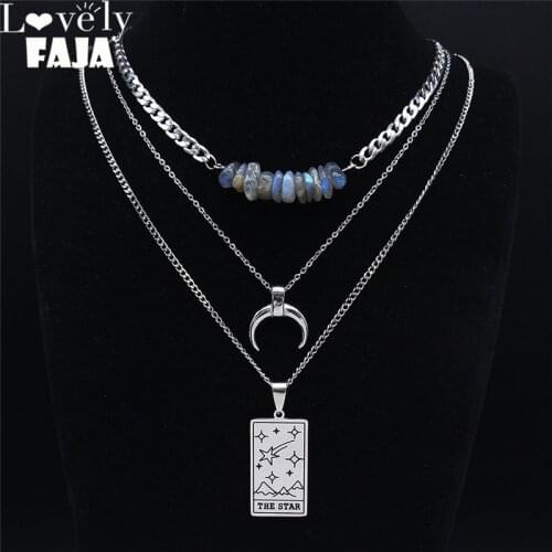 3pcs The Star Flash Stone Stainless Steel Layered Necklace Women Silver Color Tarot Star Necklaces Jewelry collier NXS03
