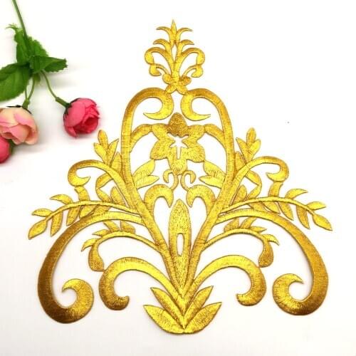 Gold Appliqued Iron On Flower Vintage Diy Trims Shiny Metallic Embroidered Patches Gold And Silver 24cm*22m