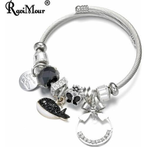 RAVIMOUR Brazalete Mujer Stainless Steel Cuff Bangles for Women Big Bowknot Dolphin Love Charm Bracelets Jewelry Dropship