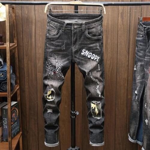 Black Jeans Mens Distressed Patch Letter Applique Stretch Pencil Pants Male Fashion Slim-fit Denim Trousers