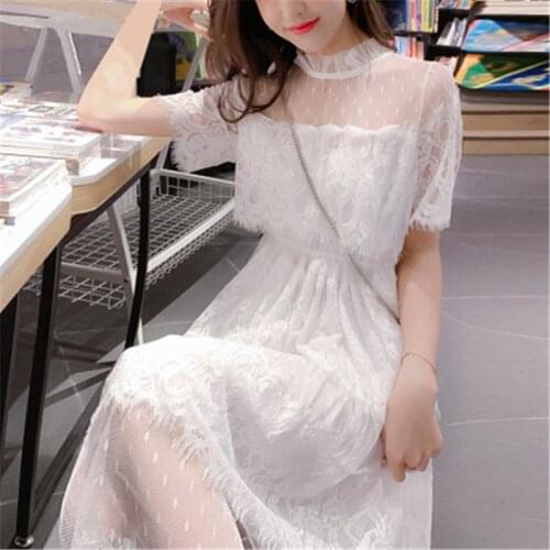 Black White Lace Dress Party Women Elegant Cake Lotus leaf collar Midi Fairy Mesh Dresses Elastic Waist Spring Summer Vestidos