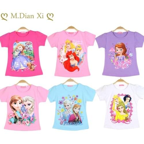 Disney Kid Girls T Shirt Short Sleeve Clothes Frozen Princess Aisha Sofia Mermaid Belle Snow White Sweet Cotton Children T-Shirt