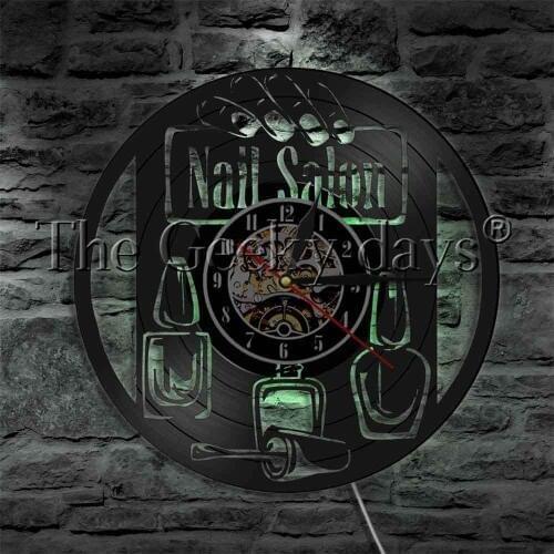 Nail Salon Nail Polish Bottles Decorative Lighting Beauty Salon Manicure Fashionable Females Vinyl Record Wall Clock