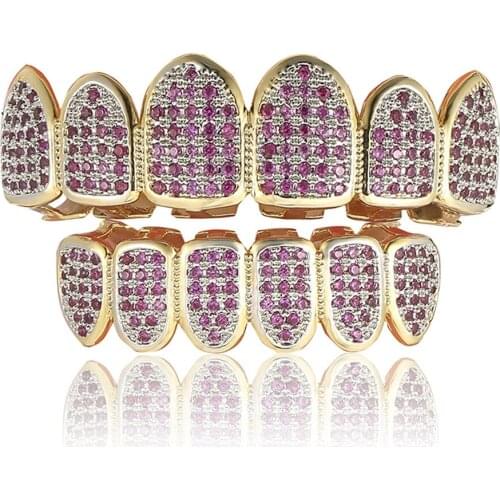 Hip Hop Iced Out 8 Colors Irregular Top Bottom teeth Grillzs Set Fang Men AAA CZ Zircon Stone Bling Dental Grills Rapper Jewelry