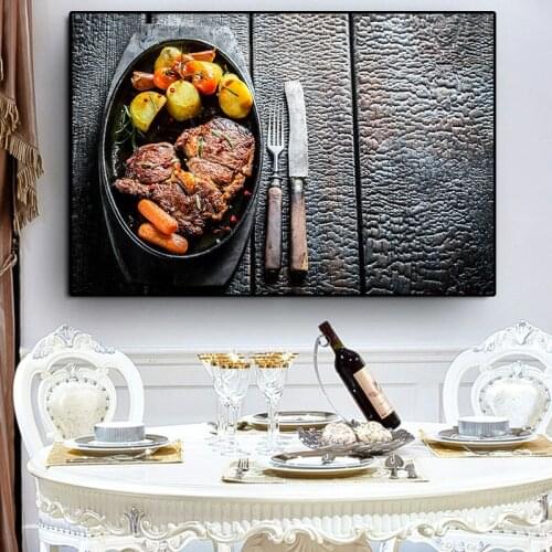 Roast Meat and Vegetables Knife and Fork Kitchen Canvas Painting Grains Spices Peppers Cuadros Scandinavian Posters and Print Wall Art Food Picture Living Room