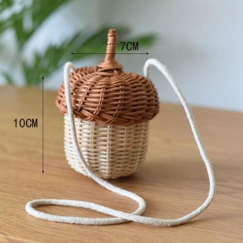 Handwoven Round Rattan Bag Bucket Tropical Beach Style Woven Shoulder Rattan Bag Photo Props