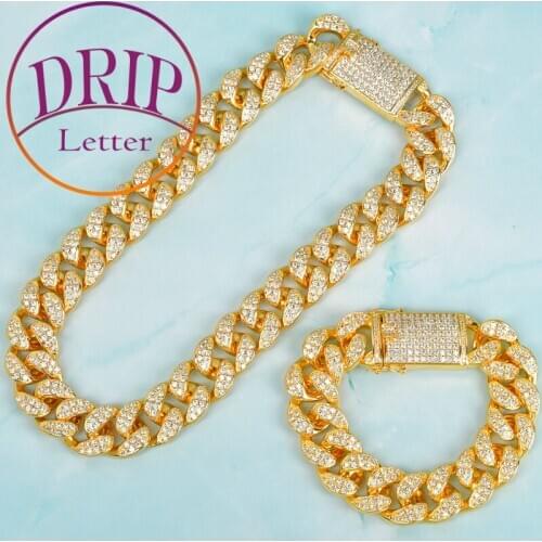 Cubic Zircon Cuban Chain With Bracelet Gold Color 20MM Big Bail Mens Hip Hop Necklace Set Jewelry