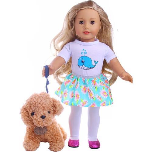Doll Clothes Accessories Dolphin Pattern Set Skirt +Soft Plush Toy Dog with a Lead For 18 Inch American Doll & 43 Cm Born Doll