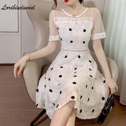 Summer Mesh Patchwork Jacquard Flocking Hollow Out A-line Polka Dot Dress 2021 Fashion Short Sleeve Slim Sweet Party Vestidos