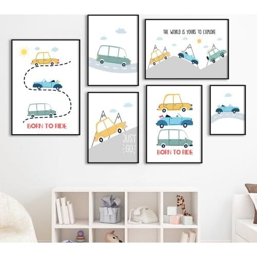 Cartoon Car Mountain Track Sun Quotes Wall Art Canvas Painting Nordic Posters And Prints Nursery Wall Pictures Kids Room Decor